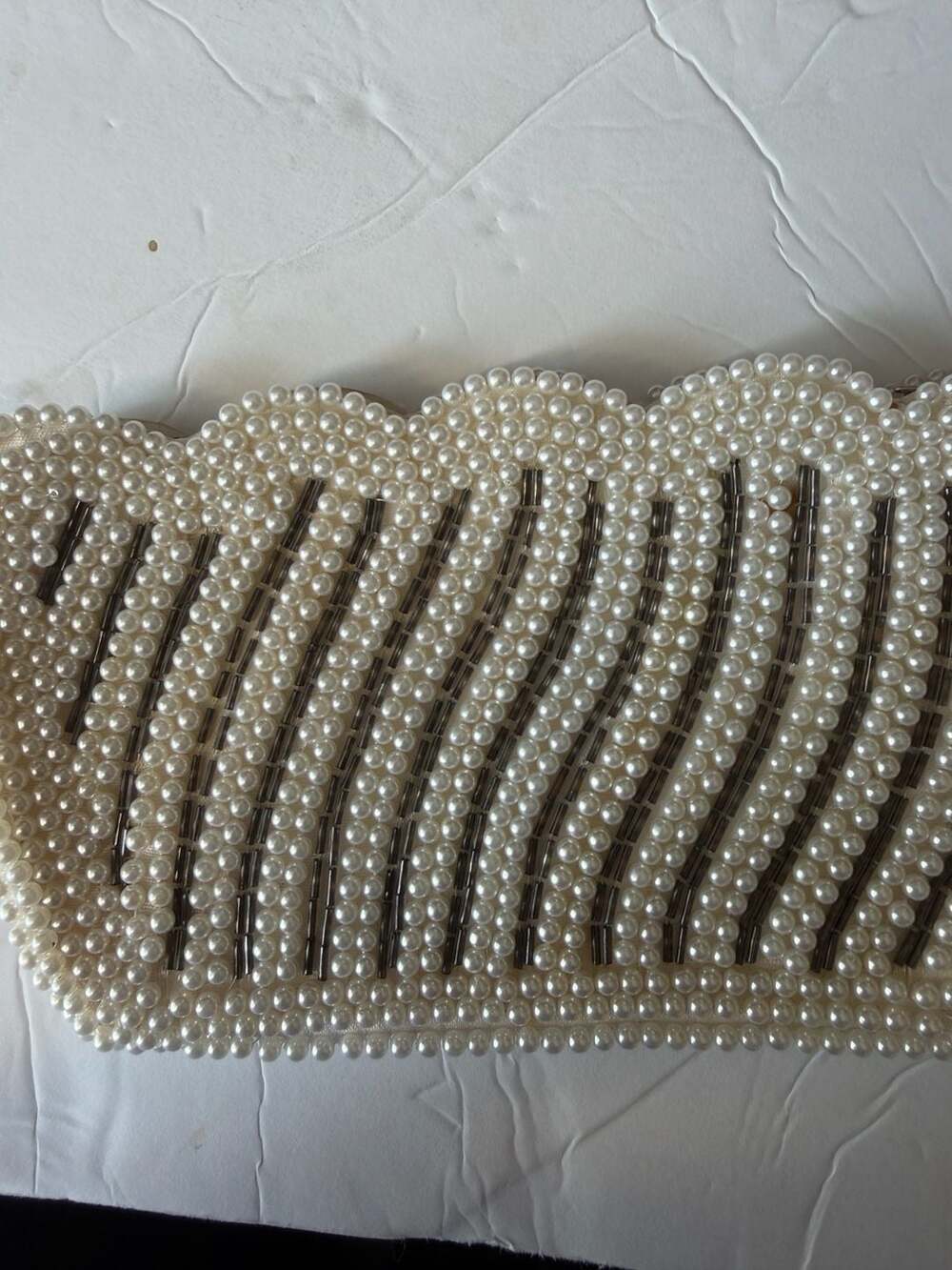 Vintage 1950s Faux Pearl and Grey Bugle Bead Wavy Scalloped Clutch Purse